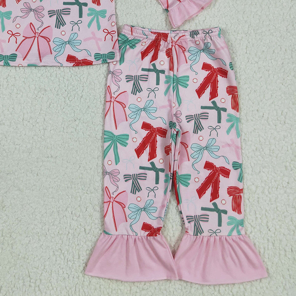8.18 GLP2413RTS NO MOQ Baby Girls Winter Outfits Baby Girls Pink Long Ruffle Sleeves Colorful Bows Top Pant Pajamas Set