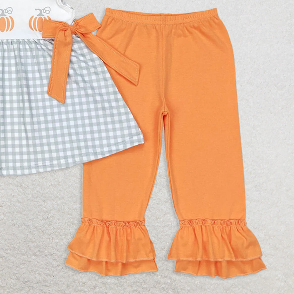 GSPO1533 RTS NO MOQ Baby Girls Spring Outfits Pumpkin orange bow green plaid flying sleeve trousers suit