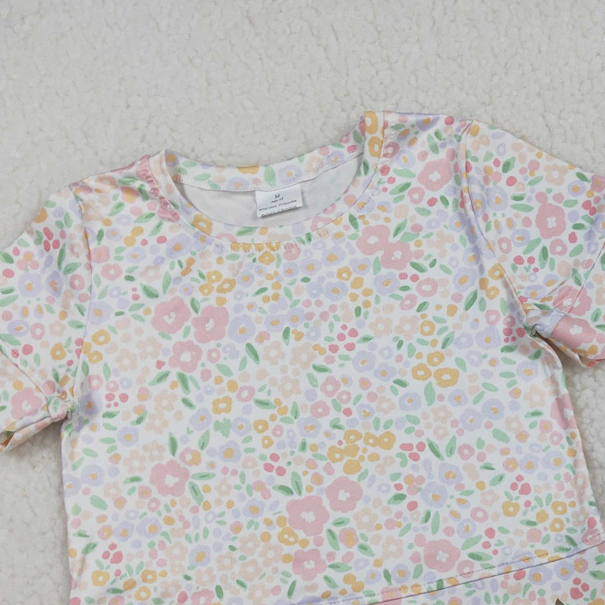 3.25 RTS NO MOQ （In stock）GSSO3273 Kids Clothing for Baby Girls Short Sleeve Colorful Small Flowers Top Shorts Scallop Clothes Sets