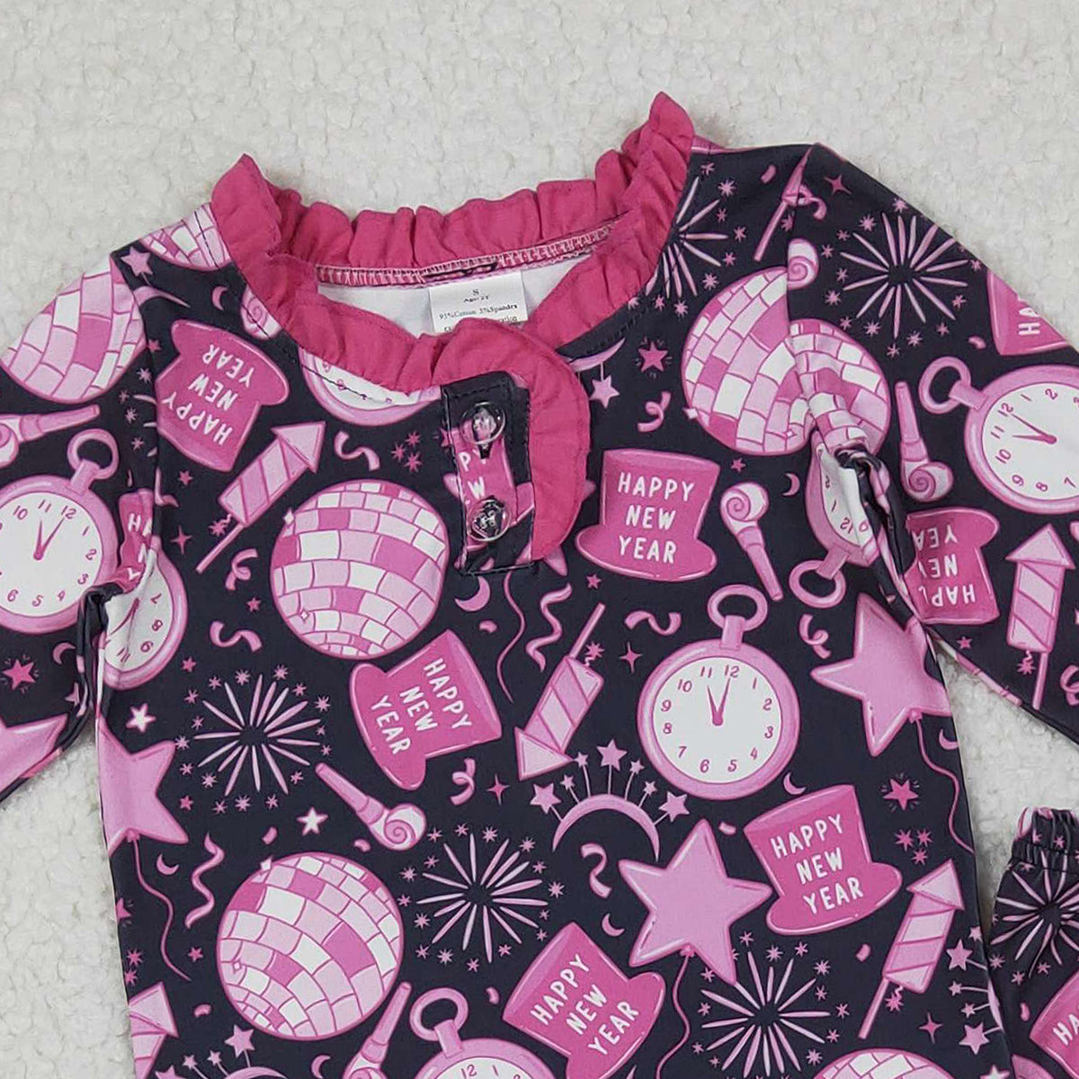 10.17 RTS NO MOQ （In stock）GLP2771 Baby Girls Hot Pink Happy New Year Button Top Pant Pajamas Sets
