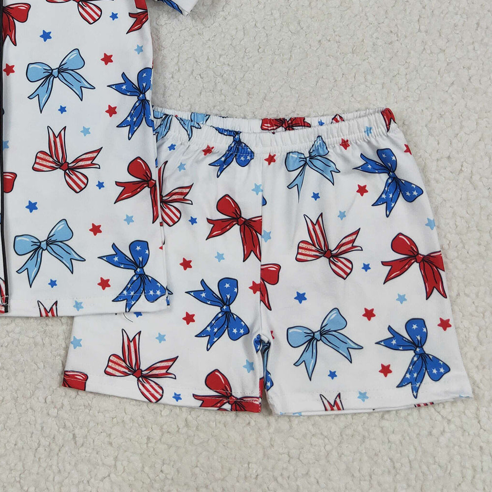 5.20  GSSO2484 RTS NO MOQ Baby Girls Summer Outfits Short sleeves blue red bow kids girls 4th of july pajamas