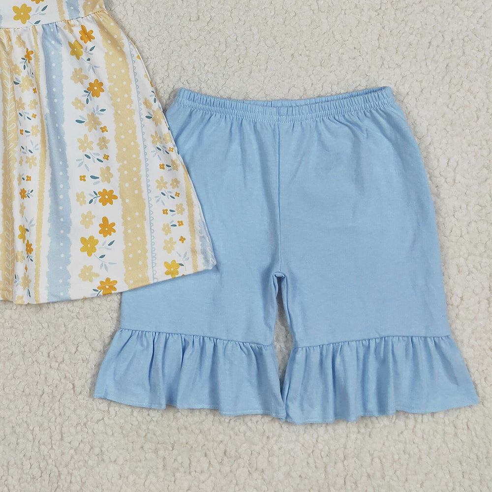 7.15  GSSO2302RTS NO MOQ Baby Girls Summer Outfits Baby Girls Light Blue Strap Floral Stripe Tunic Ruffle Short Set