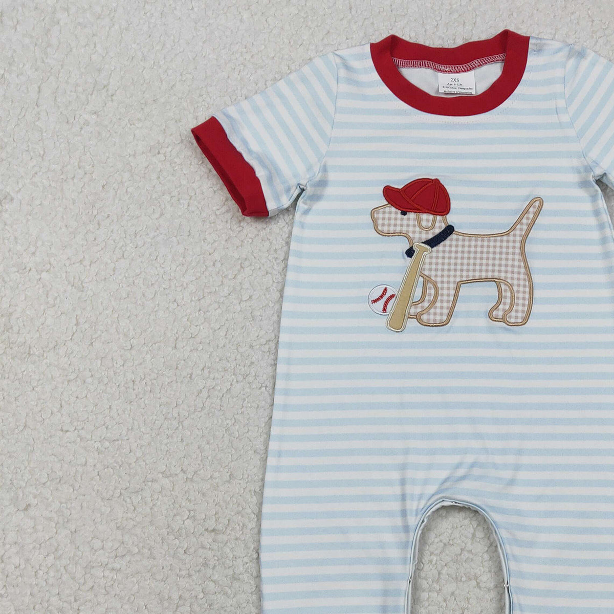 12.2 RTS NO MOQ （In stock）SR3330 Baby Boys Rompers Embroidery Dog Baseballs Baby Boys Stripe Team Footie Rompers