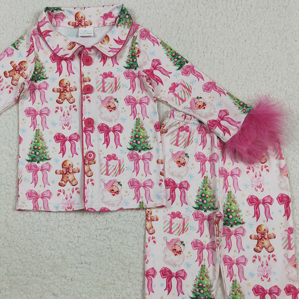 8.18 RTS NO MOQ （In stock）GLP2375  Baby Girls Winter Outfits Baby Girls Hot Pink Long Sleeves With Fur Bows Gingerbread Trees Button Top Pants Pajamas Set