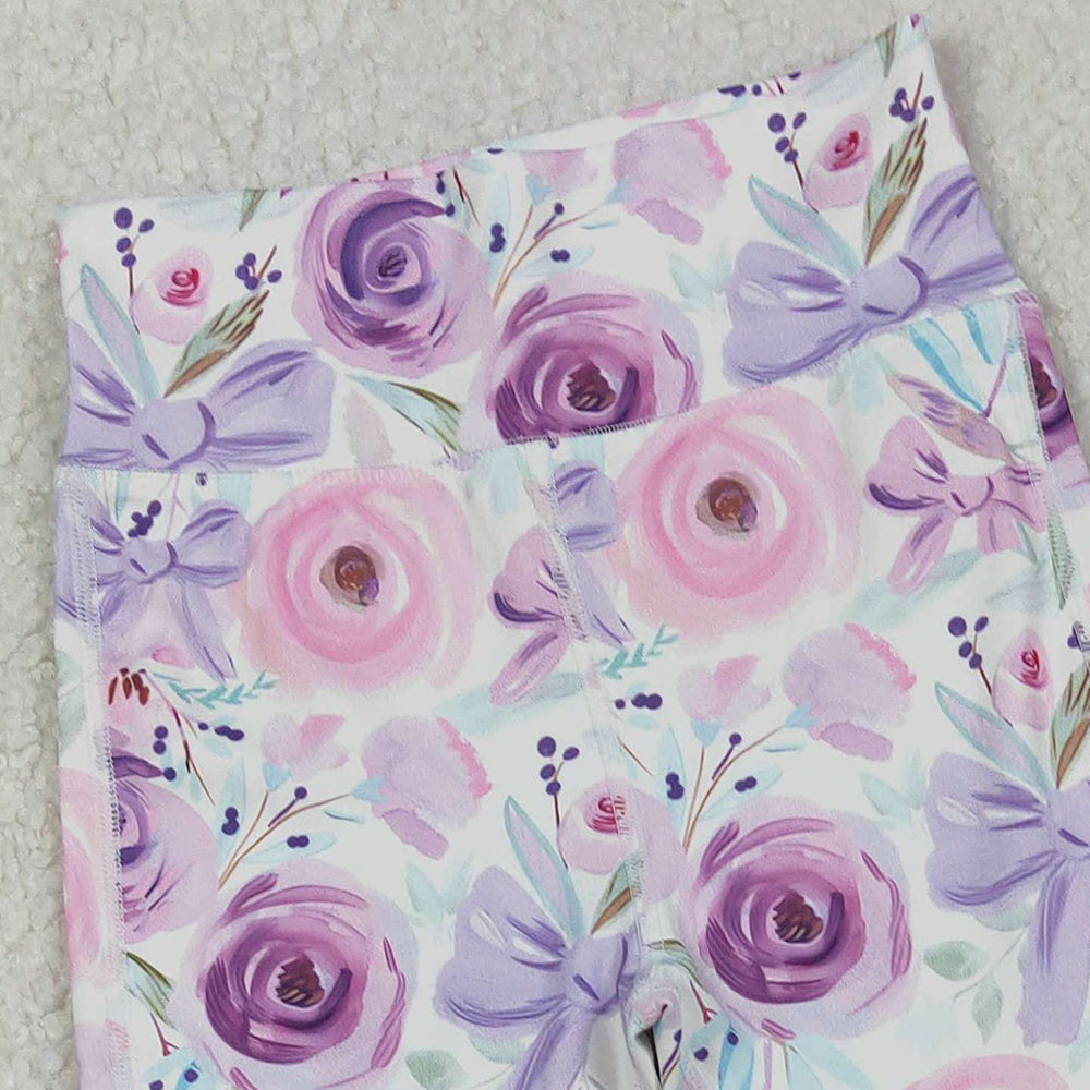 RTS NO MOQ （In stock）P0774 Baby Girls Pants Purple Flower Bows Bell Bottom Yoga Pants