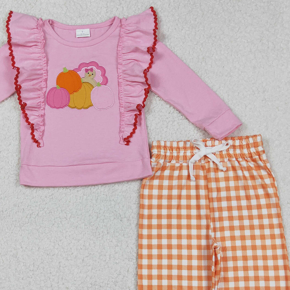 RTS NO MOQ （In stock）GLP2442 Baby Girls Winter Outfits Pink Long Sleeves Turkey Pumpkins Print Top with Orange Checkered Pants Outfit
