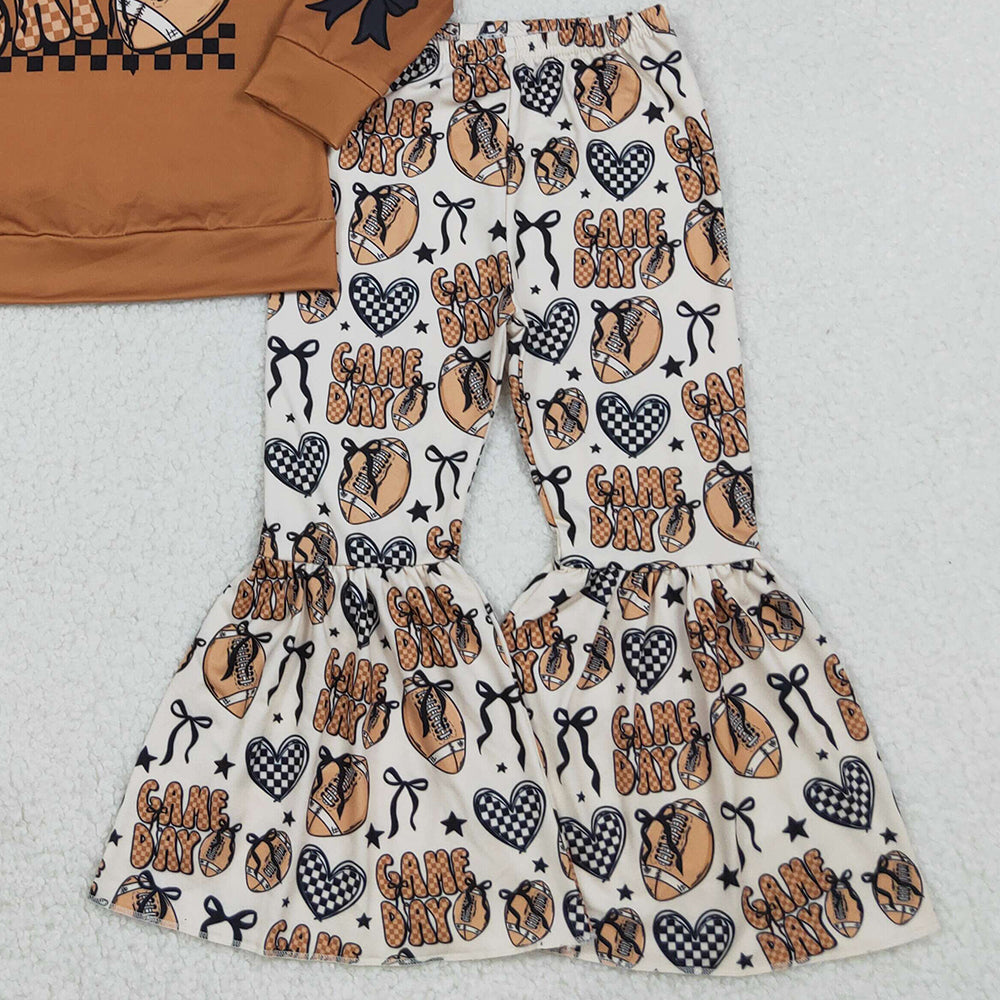 10.10 RTS NO MOQ （In stock）GLP2721 Baby Girls Winter Outfits Baby Girls Brown Game Day Footballs Top Bell Bottom Pant Team Clothes Set