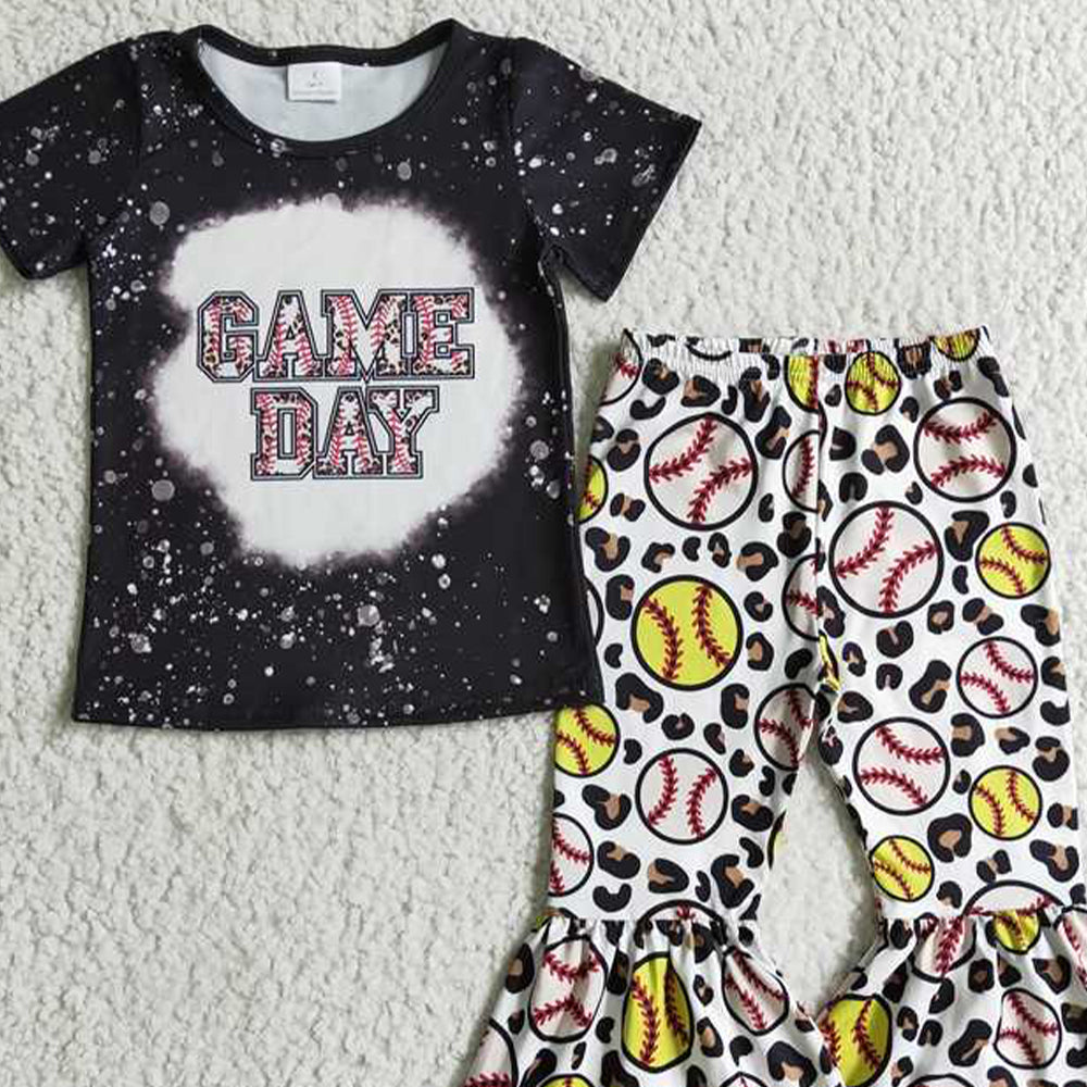 GSPO0214 RTS NO MOQ Baby Girls Spring Outfits Girls' GAME DAY baseball short-sleeved and long-pants suit