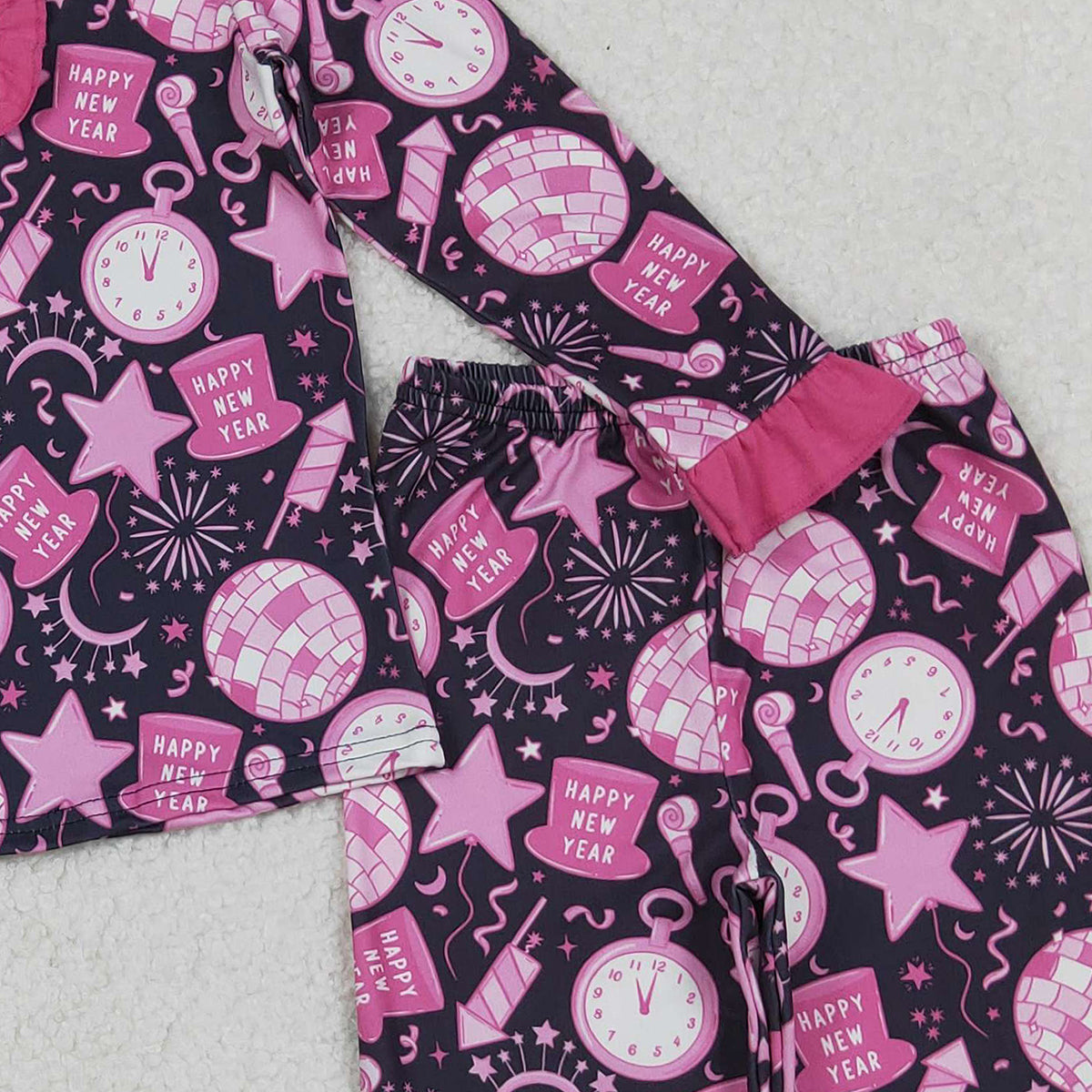 10.17 RTS NO MOQ （In stock）GLP2771 Baby Girls Hot Pink Happy New Year Button Top Pant Pajamas Sets
