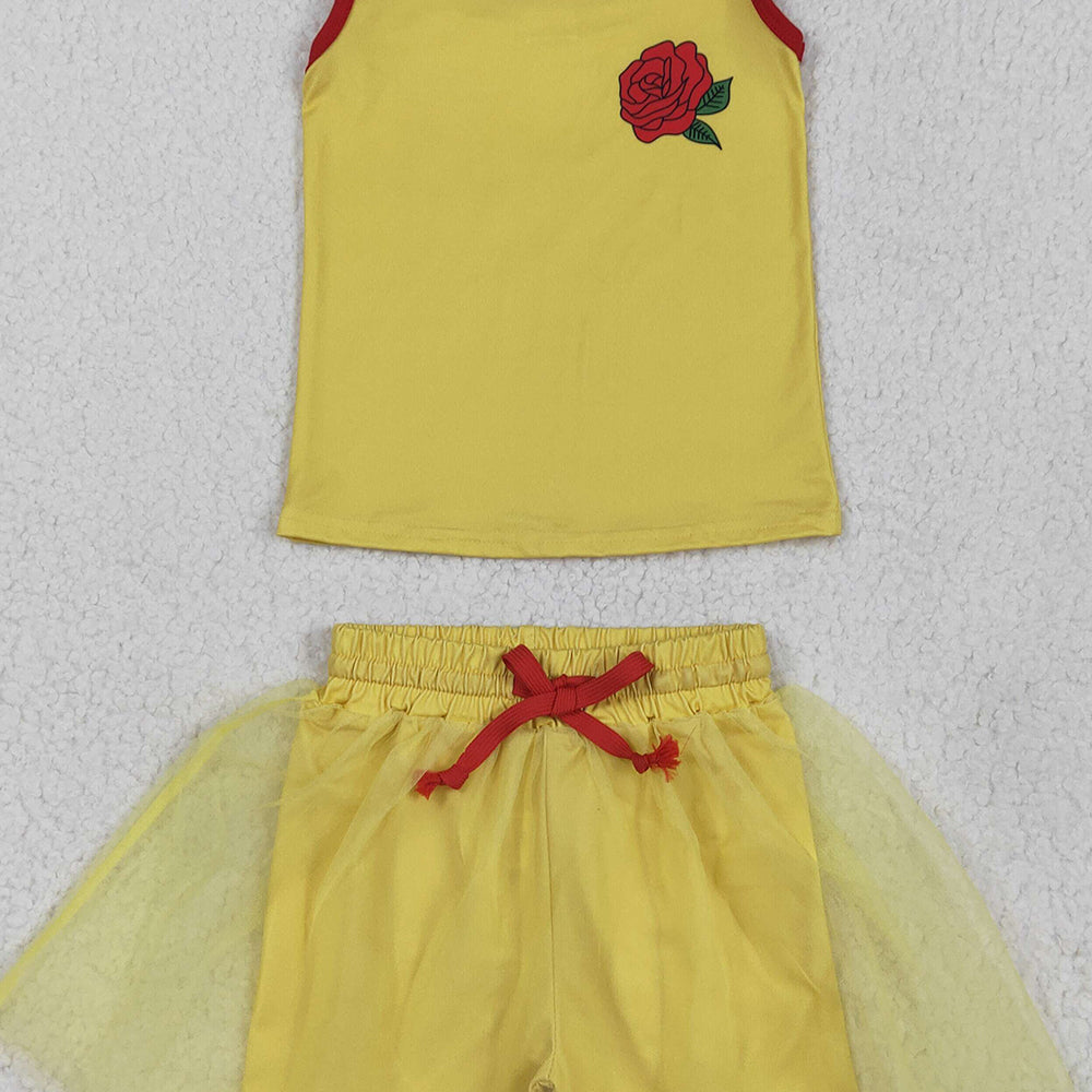 6.20 GSD2070RTS NO MOQ Baby Girls Skirt Sets Baby Girls Yellow Sleeveless Red Rose Top Tulle Skirt With Short Set