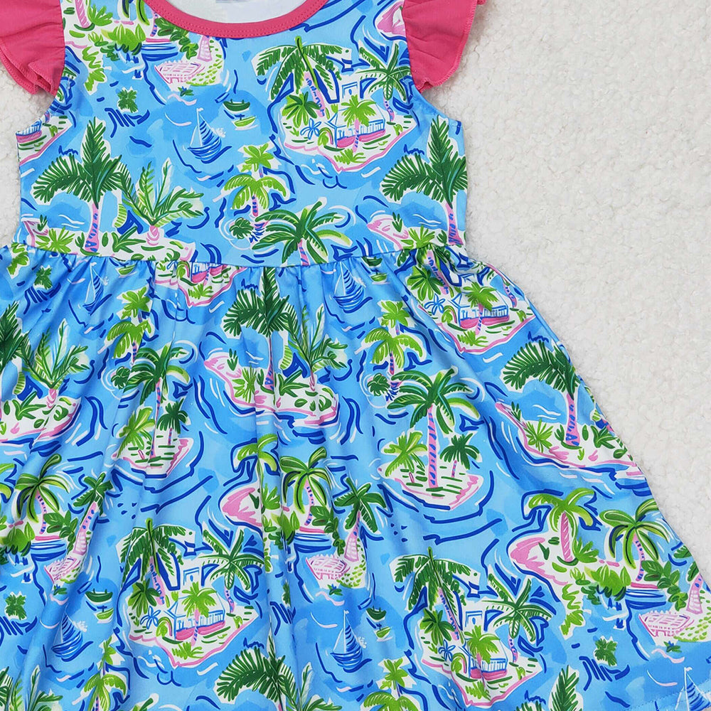 4.22 GSD1928 RTS NO MOQ Flutter sleeves watercolor blue boat trees girls summer dress