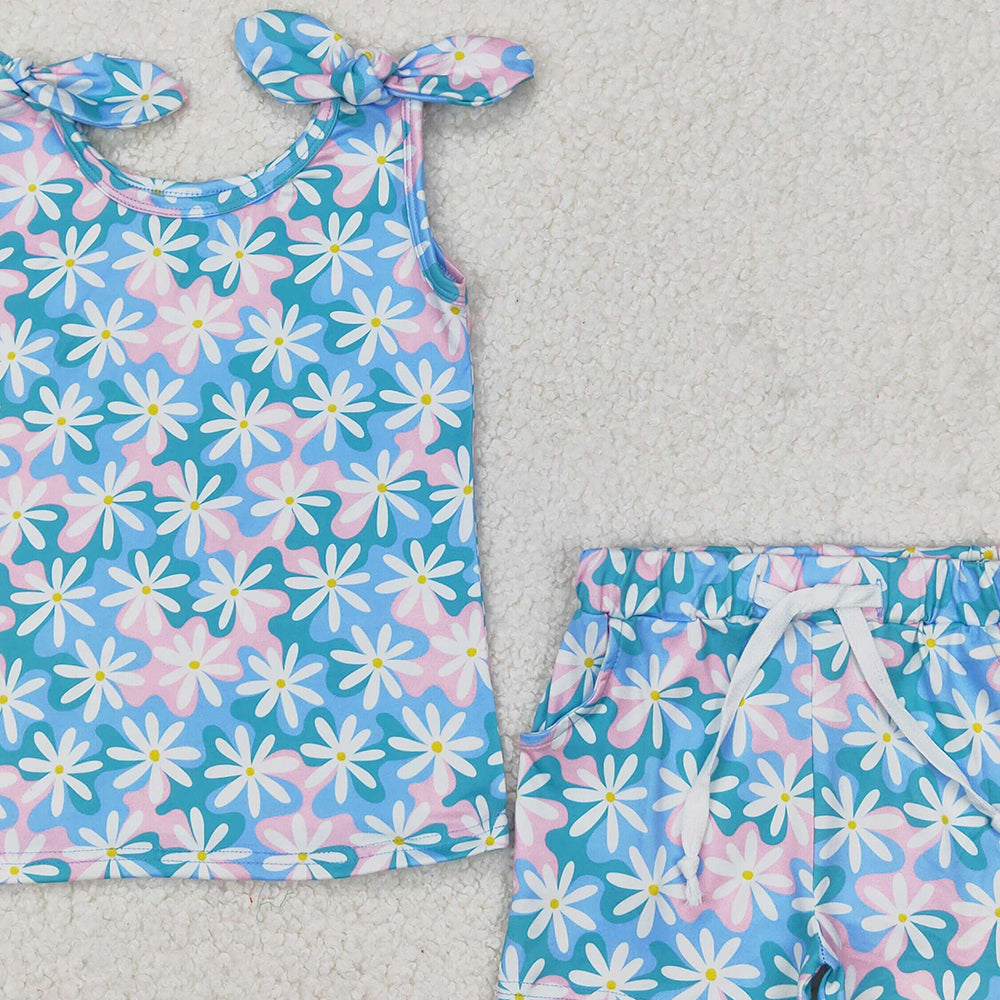 GSSO2262 RTS NO MOQ Sleeveless light blue pink floral baby girls summer outfits