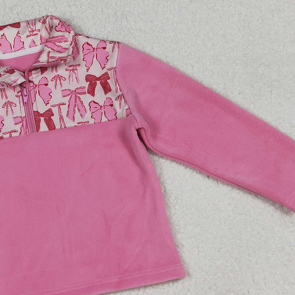RTS NO MOQ （In stock）GT1149 Baby Girls Long Sleeve Tops Pink Bows Plaid Quatrefoil Zipper Pullover Sherpa Tops