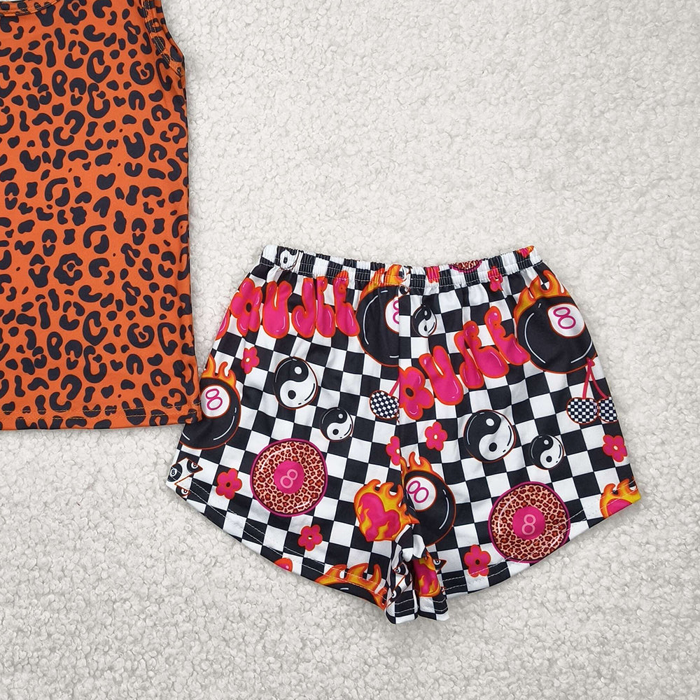 GSSO2391RTS NO MOQ Baby Girls Summer Outfits Girls Sleeveless Leopard Print Top with Plaid Patchwork Shorts Set Fashionable Animal Pattern Outfit for Kids