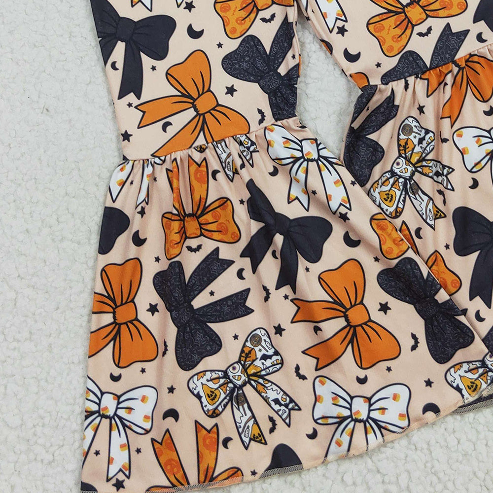RTS NO MOQ （In stock）P0776 Baby Girls Pants Baby Girls Halloween Orange Black Bows Bell Bottom Pants