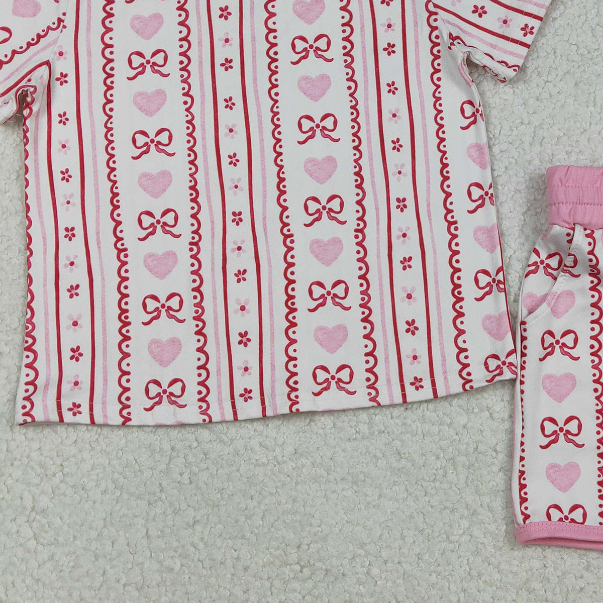 12.10 RTS NO MOQ （In stock）GSSO2738 Baby Girls Pink Bows Hearts Stripe Top Pockets Shorts Valentines Clothes Sets
