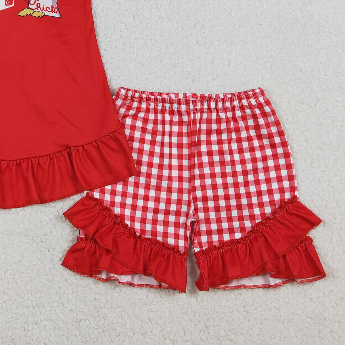 1.16 RTS NO MOQ （In stock）GSSO3009 Baby Girls Chip Chicken Back Bows Tunic Checked Ruffle Shorts Sets