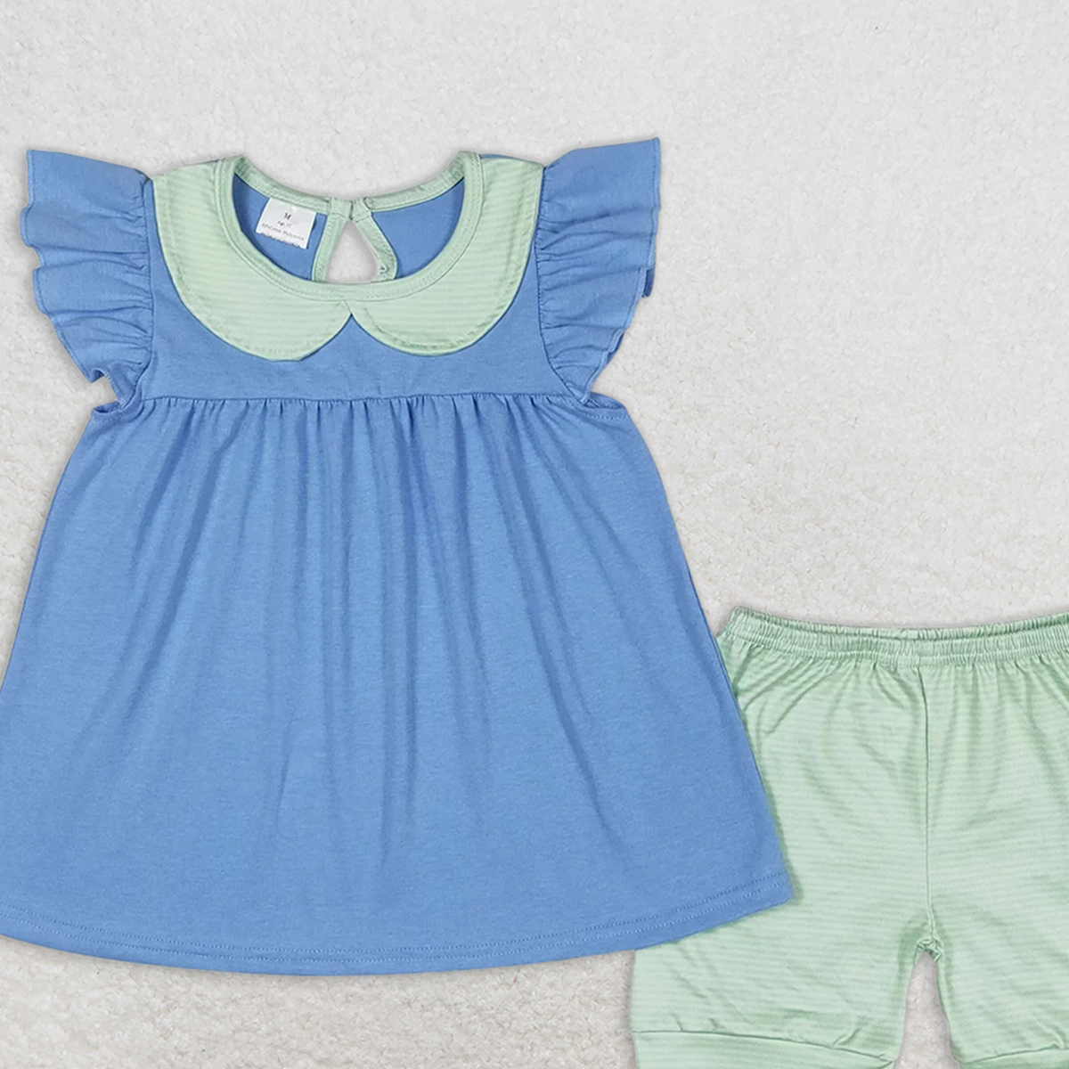 GSSO1067 RTS NO MOQ Baby Girls Summer Outfits Green striped doll collar and blue flying sleeve shorts suit