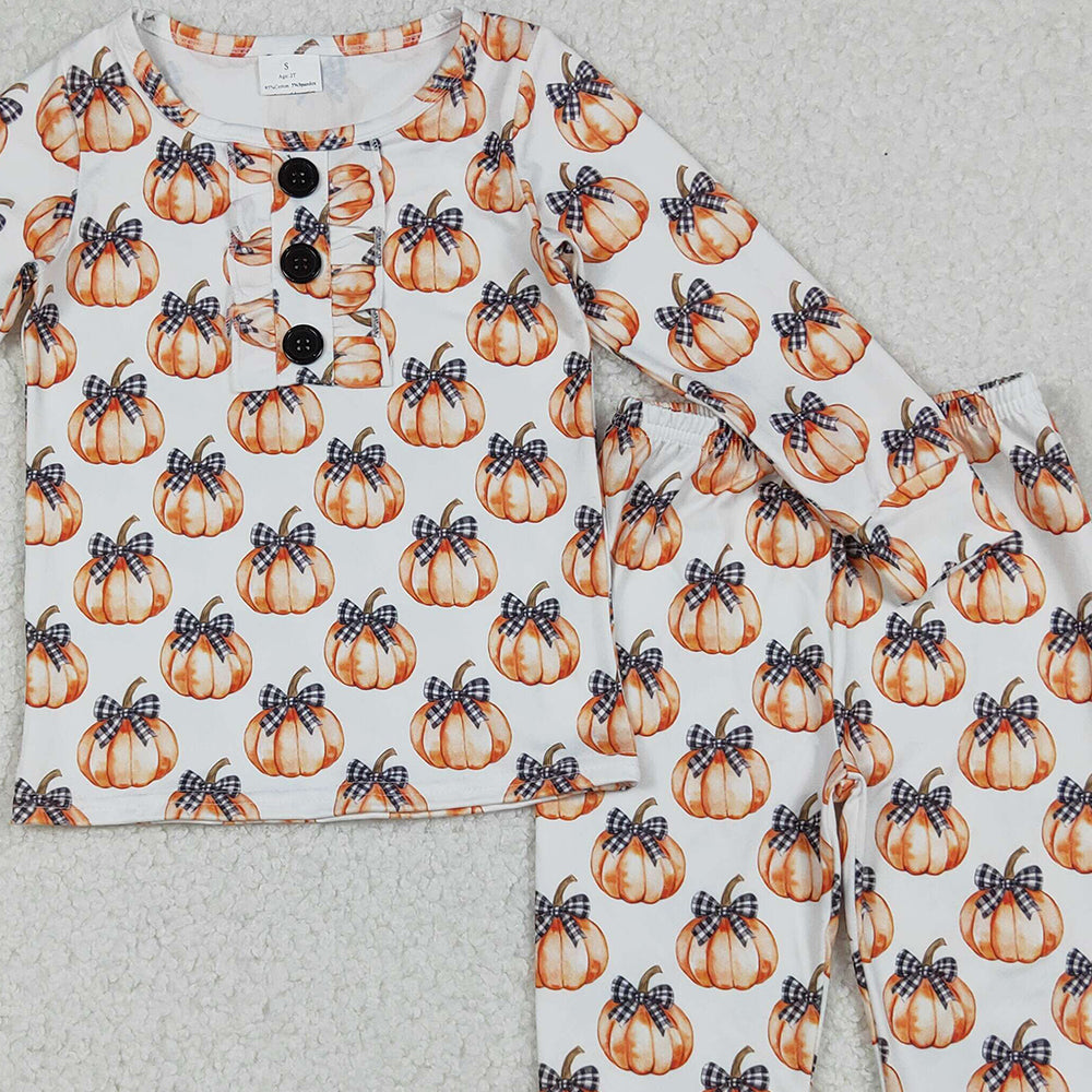RTS NO MOQ （In stock）GLP2700 Baby Girls Winter Outfits Bows Pumpkins Button Top Pants Fall Pajamas Sets
