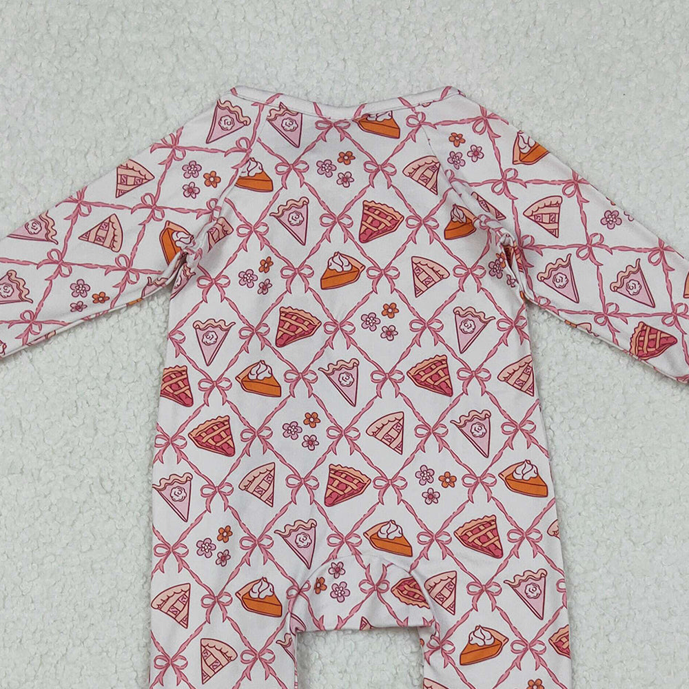 RTS NO MOQ （In stock） LR2594 Baby Girls Winter Rompers Pink Bows Thanksgiving Cake Fall Zipper Footie Rompers