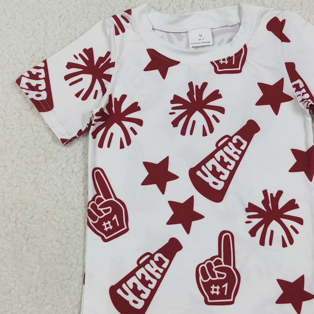RTS NO MOQ （In stock）GT1093 Baby Girls Summer Tops Baby Girls Short Sleeves Dark Red Cheer Stars Team Tee Shirts Tops