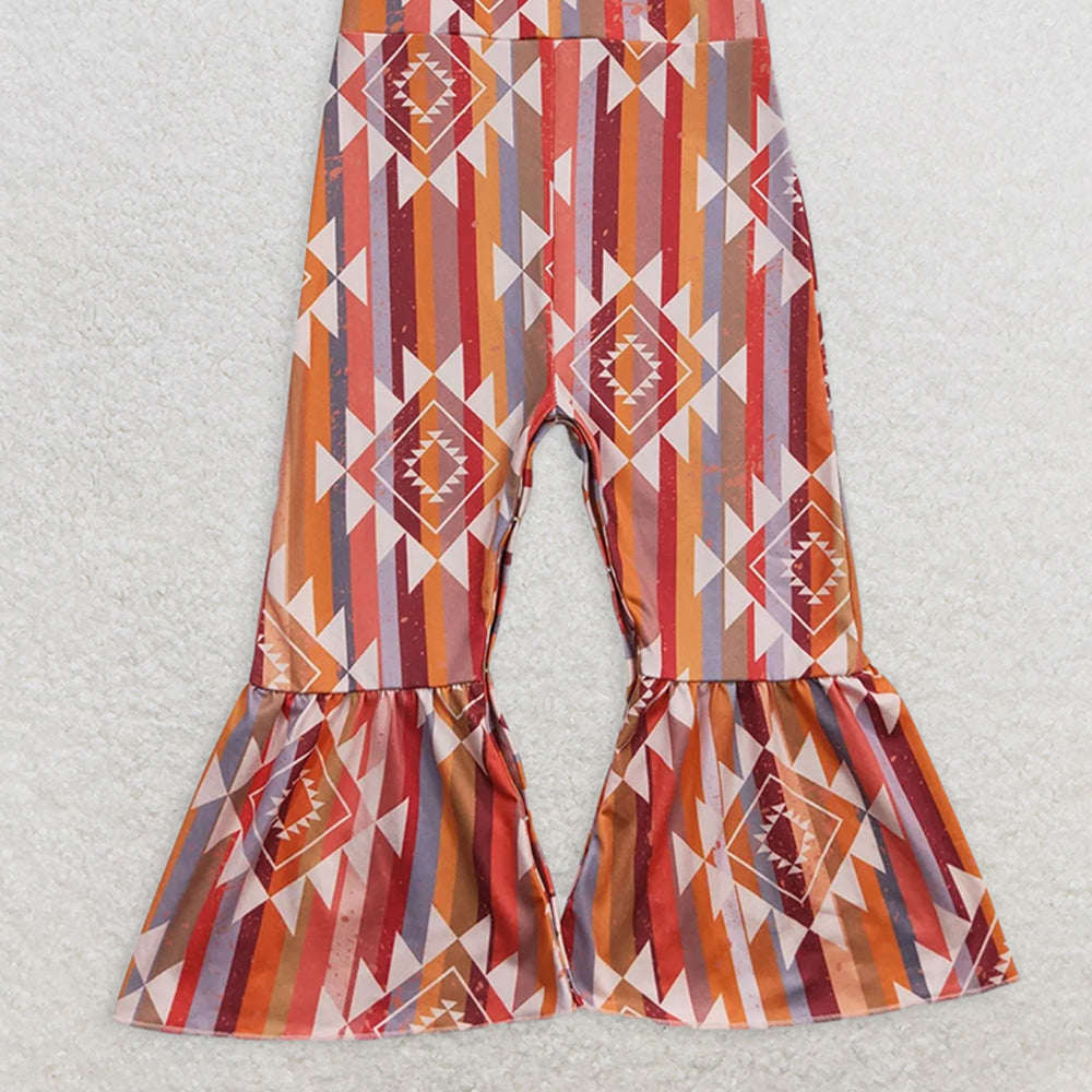 SR0252 RTS NO MOQ Baby Girls Summer Jumpsuits  Baby Girls Orange Aztec Strap Bell Bottom Jumpsuits