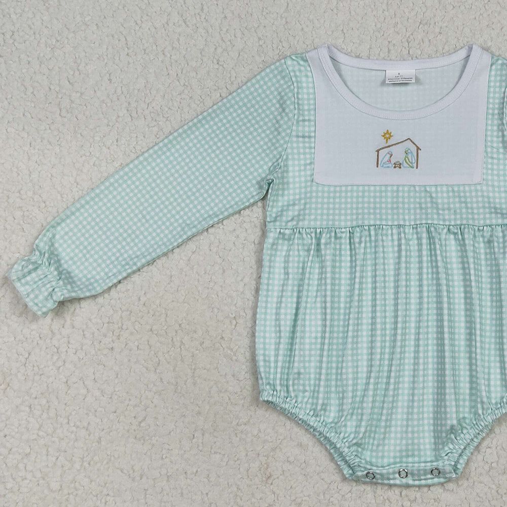 RTS NO MOQ （In stock）LR2265 Baby Girls Winter Rompers Embroidery Baby Boys Aqua Plaid Christmas Jesus Bummies Rompers