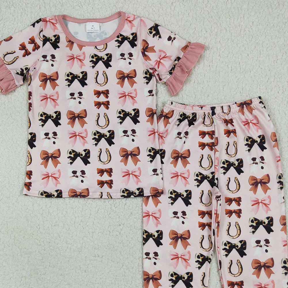 GSPO2035RTS NO MOQ Baby Girls Spring Outfits Baby Girls Pink Short Ruffle Sleeves Bows Horse Shoes Top Pant Pajamas Set