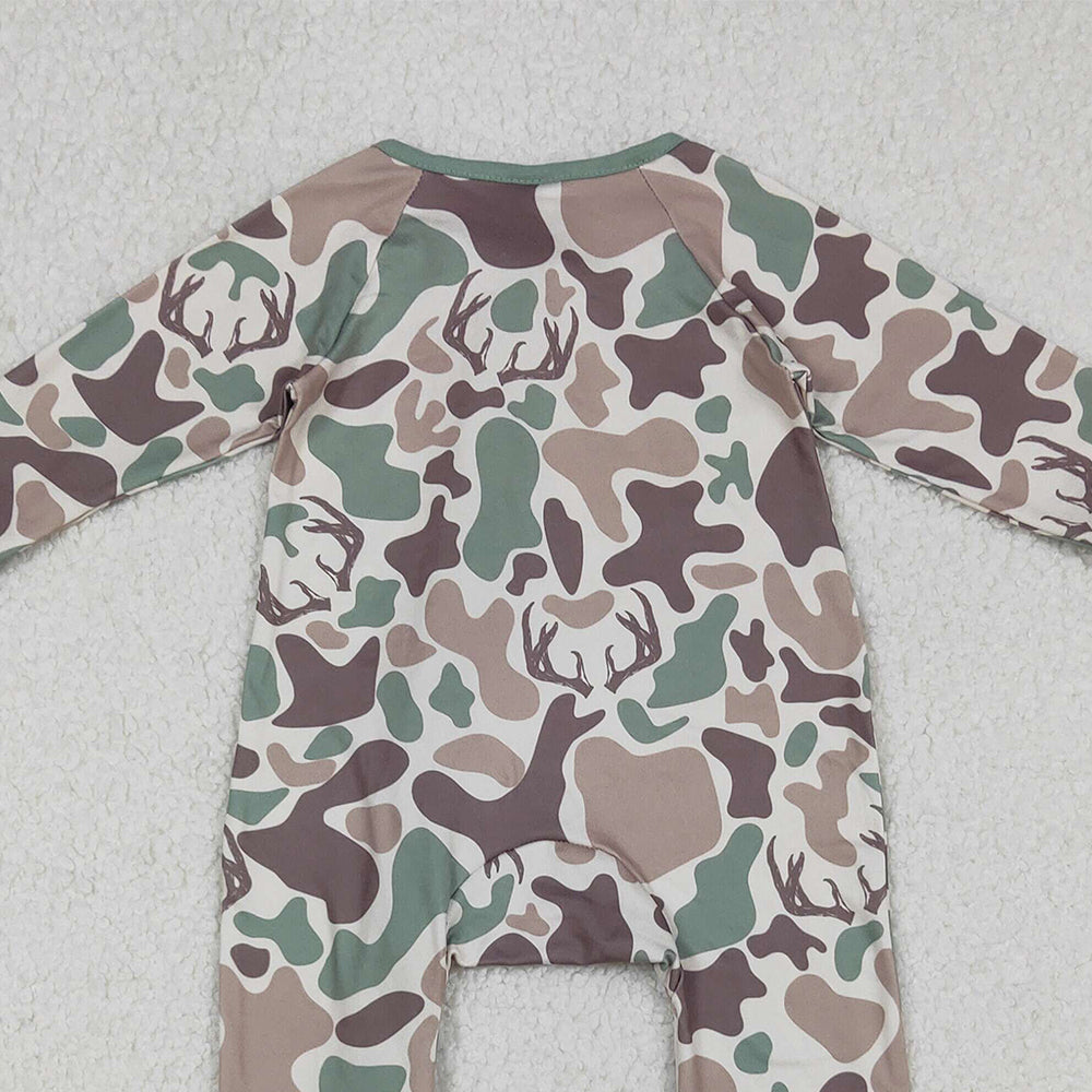 RTS NO MOQ （In stock）LR2582 Baby Boys Winter Rompers Brown Deer Camo Western Zipper Footie Rompers