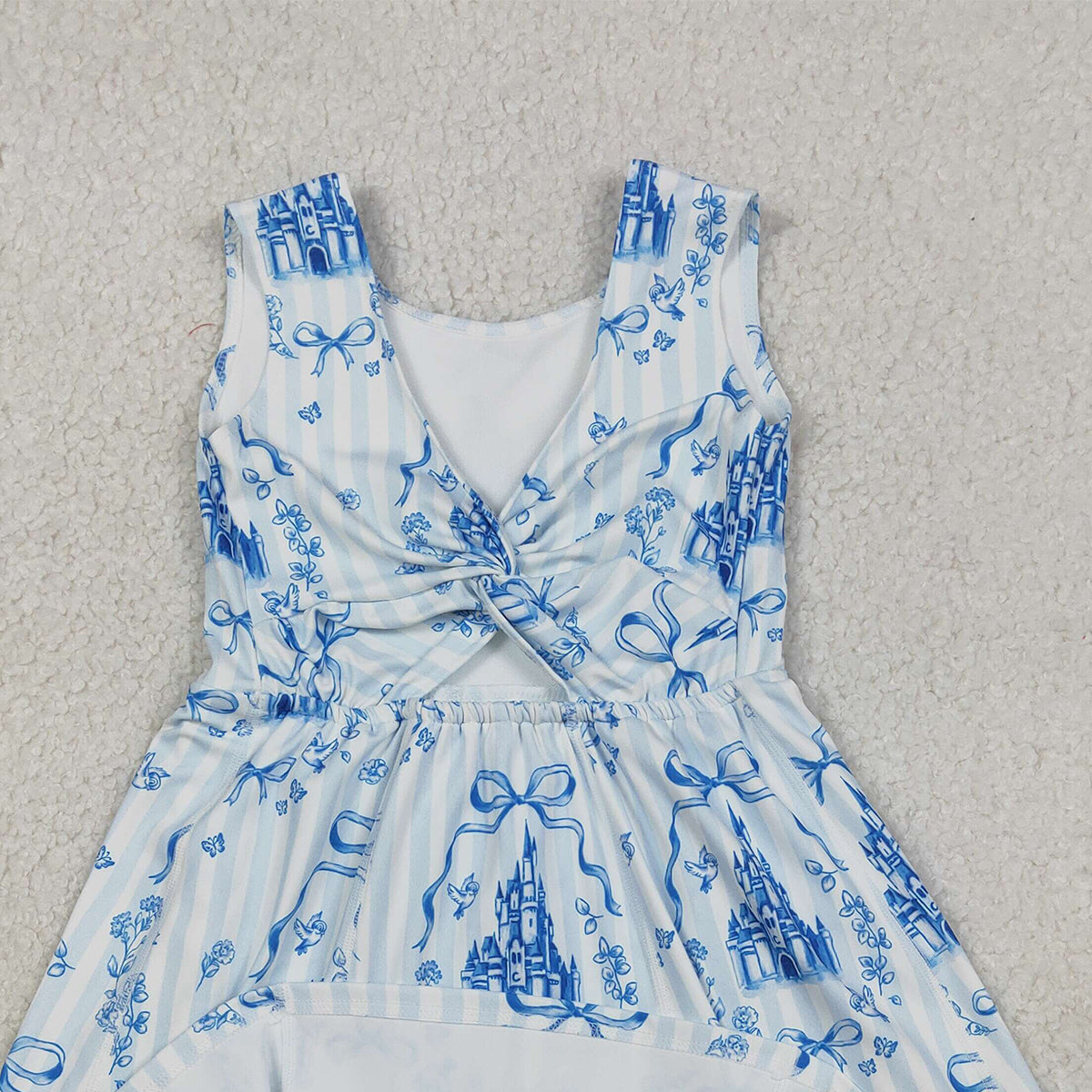 12.5 RTS NO MOQ （In stock）GSD3068 Baby Girls Blue Bows Castles Checked Yoga Active Shorts Knee Length Dresses