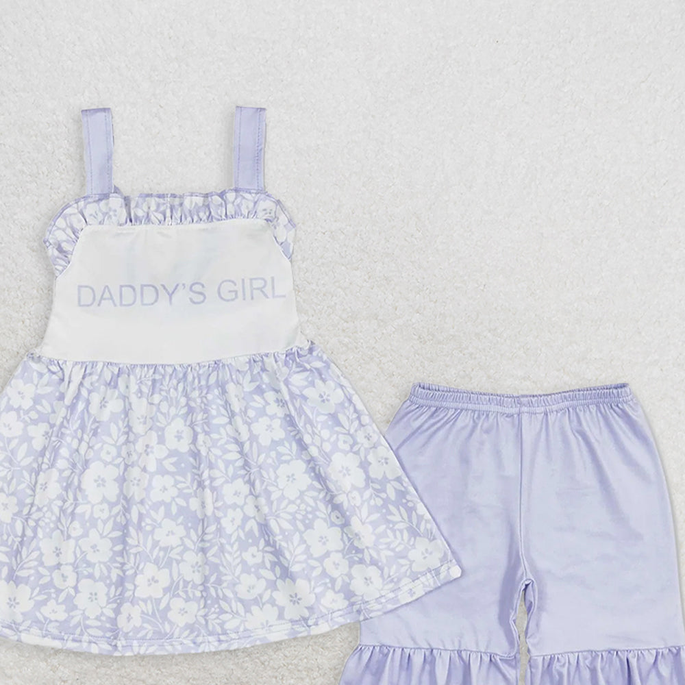 GSSO1069 RTS NO MOQ Baby Girls Summer Outfits Daddy's girl blue flower lace sleeveless shorts set