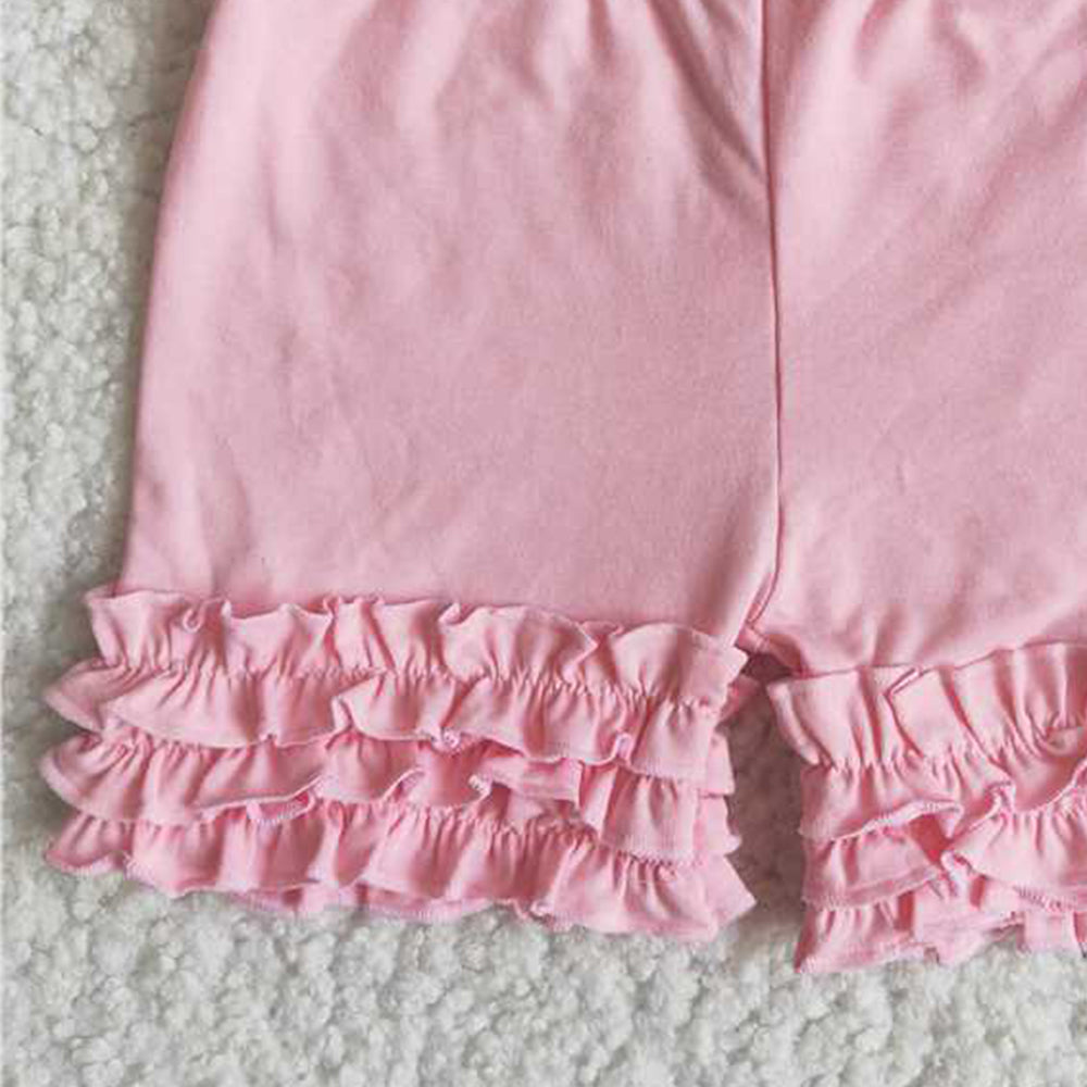 C13-15 RTS NO MOQ Pink Icing Ruffle Shorts for Girls Soft Cotton Stretchy Comfortable Fit Kids' Clothing Pink Ruffled Shorts for Girls