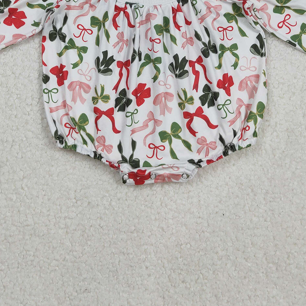 RTS NO MOQ （In stock）LR2185 Baby Girls Winter Rompers  Christmas Romper Long Sleeves Green Red Bow Cute Holiday Outfit for Kids
