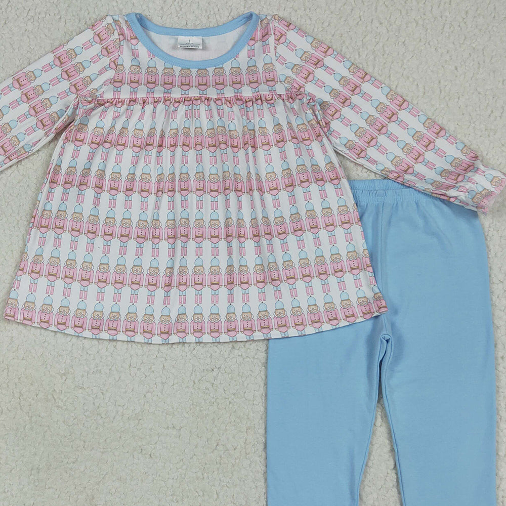 RTS NO MOQ （In stock） GLP2456 Baby Girls Winter Outfits Baby Girls Christmas Soldier Plaid Top Blue Ruffle Pant Sets