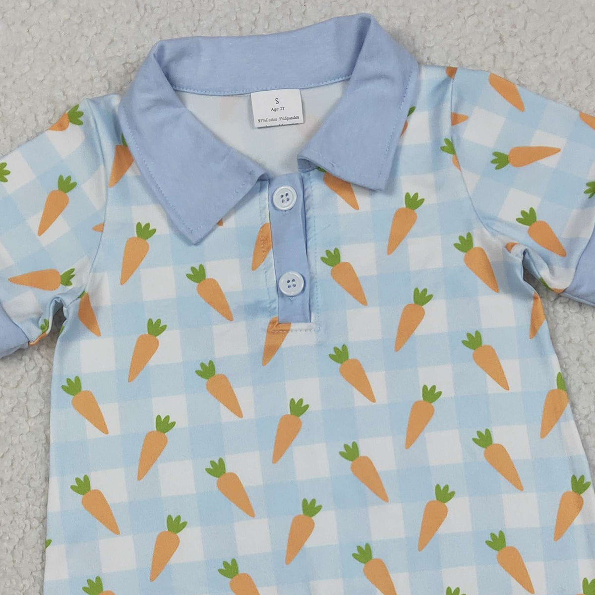 12.11 RTS NO MOQ （In stock）SR3254 Baby Boys Rompers Baby Boys Blue Checked Carrots Easter Button Shorts Rompers