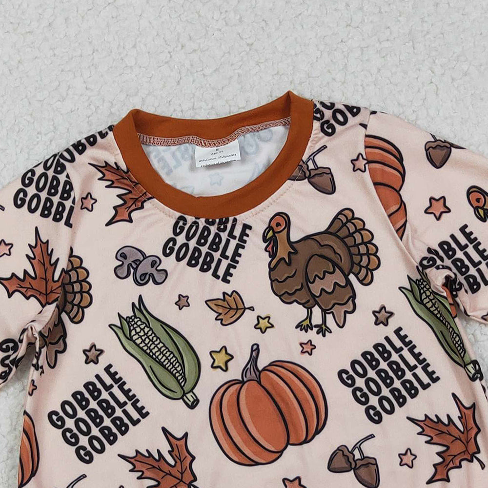 RTS NO MOQ （In stock）LR2447 Baby Boys Winter Rompers Thanksgiving Turkey Pumpkins Gobble Rompers