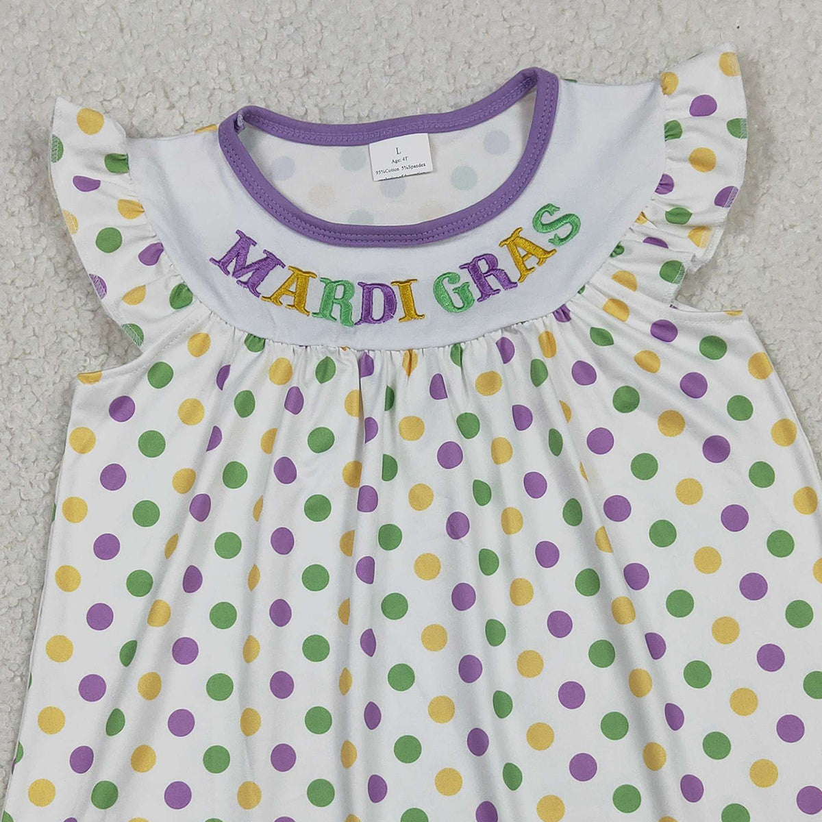1.20 RTS NO MOQ （In stock）GSD3122 Embroidery Mardi Gras Baby Girls Flutter Sleeve Polka Dots Knee Length Dresses