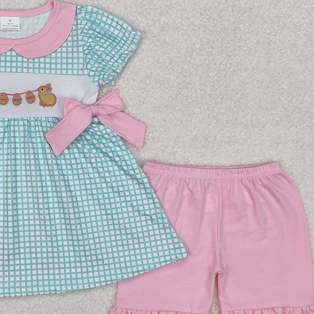 GSSO1882Girls Plaid Bunny Eggs Tunic Ruffle Shorts Outfit Easter Themed Clothing Set for Kids