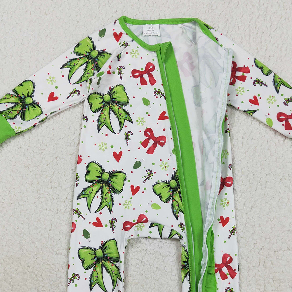 8.21 RTS NO MOQ （In stock）LR2482 Baby Girls Winter Rompers Baby Girls Green Red Bows Hearts Christmas Ruffle Zipper Footie Rompers
