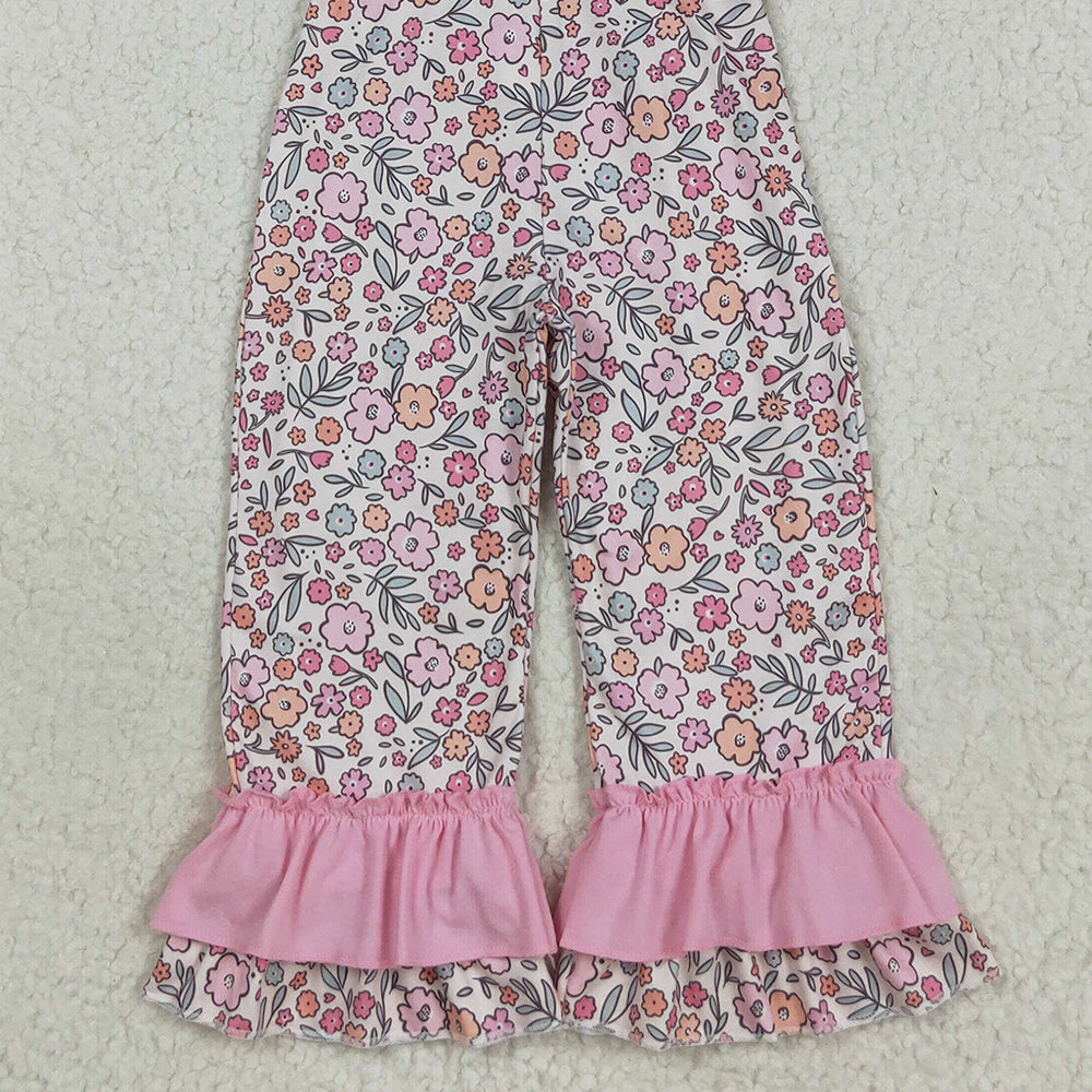 RTS NO MOQ （In stock）SR3176 Baby Girls Summer Jumpsuits Embroidery Bow Pumpkins Baby Girls Pink Strap Floral Ruffle Pant Jumpsuits