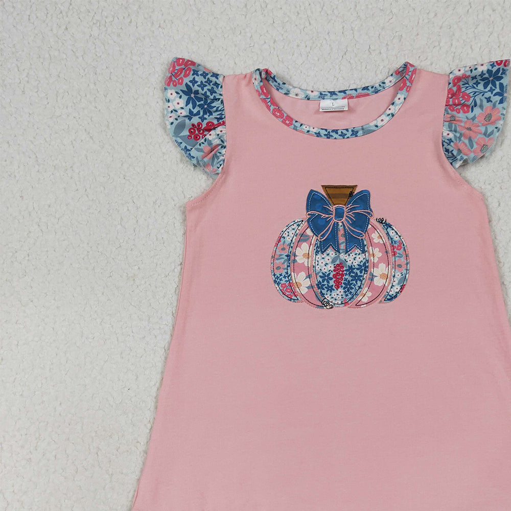 8.15 RTS NO MOQ （In stock） GSD2585 Baby Girls Summer Dress Baby Girls Pink Flutter Sleeves Floral Pumpkin Ruffle Knee Length Dresses