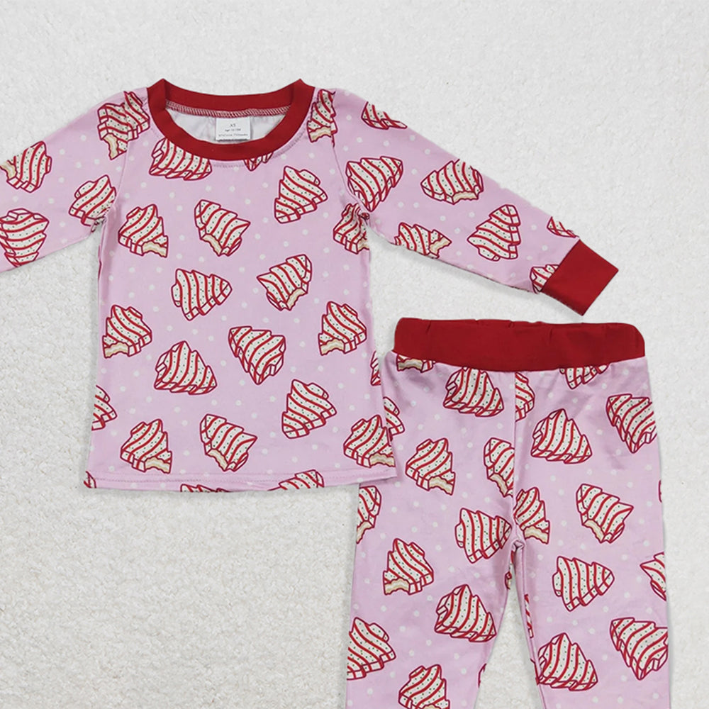 RTS NO MOQ （In stock） GLP0453 Baby Girls Winter Outfits Christmas tree biscuit polka dot pink long sleeve trousers suit
