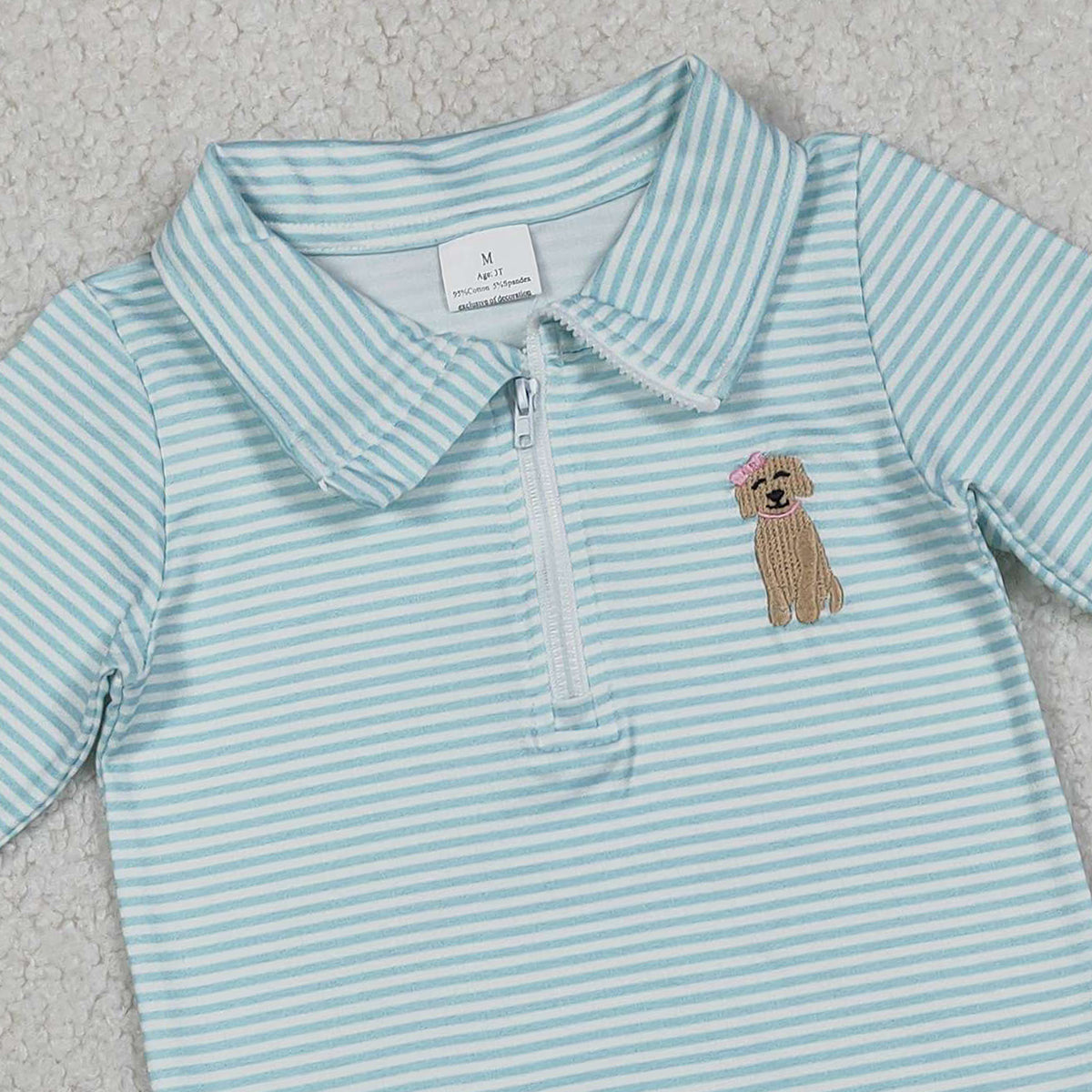 1.21 RTS NO MOQ （In stock）GT1543 Embroidery Bow Dogs Baby Girls Blue Stripe Hunting Zip Ruffle Pullovers Top