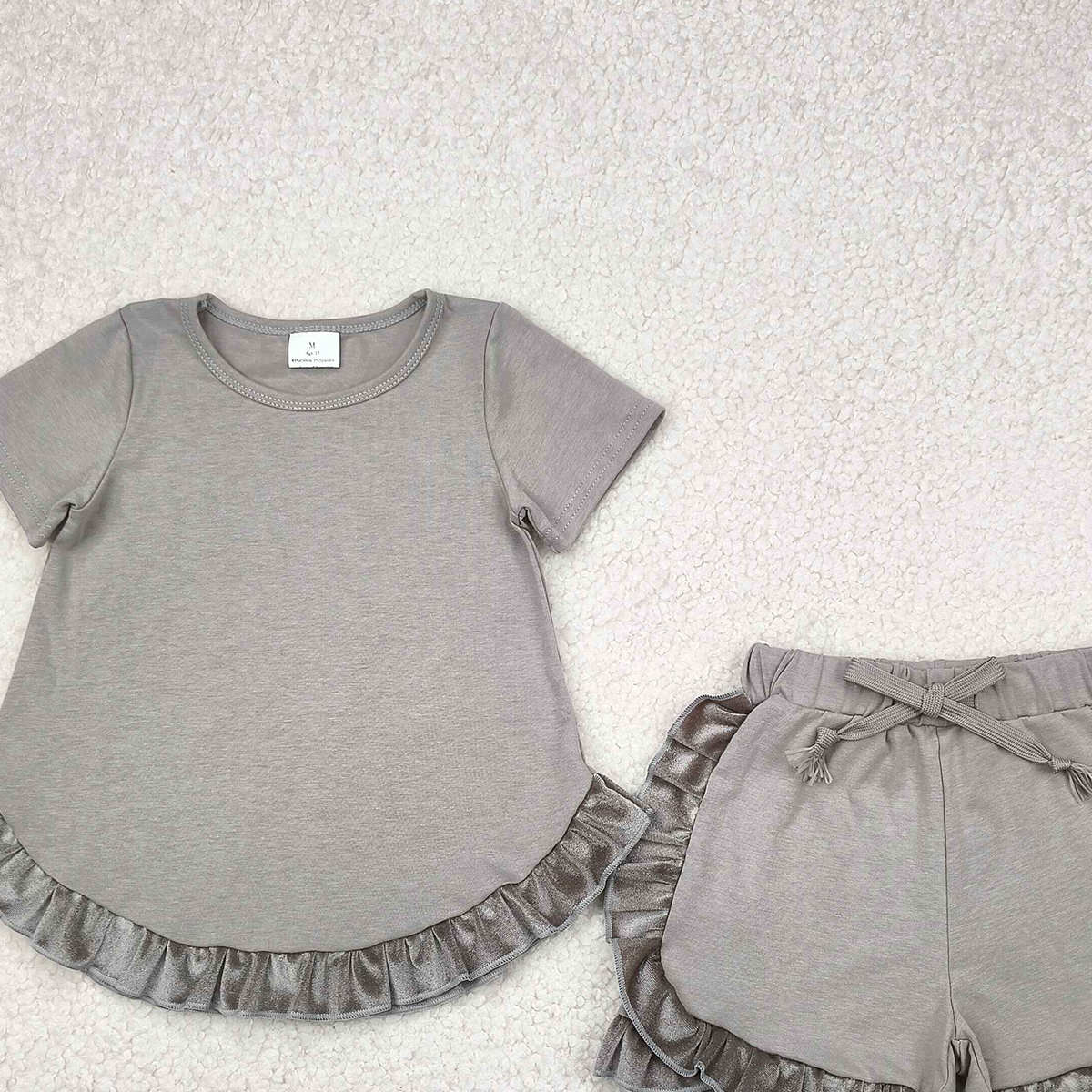 6.21 GSSO2182 RTS NO MOQ Baby Girls Summer Outfits Pure gray green lace short sleeve shorts suit
