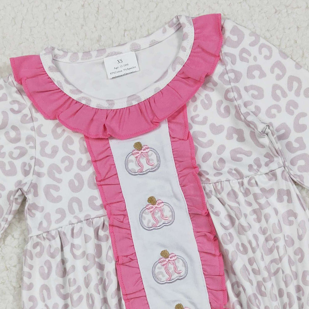 RTS NO MOQ （In stock）LR2220 Baby Girls Winter Rompers Embroidery Bows Pumpkins Baby Girls Leopard Fall Ruffle Rompers