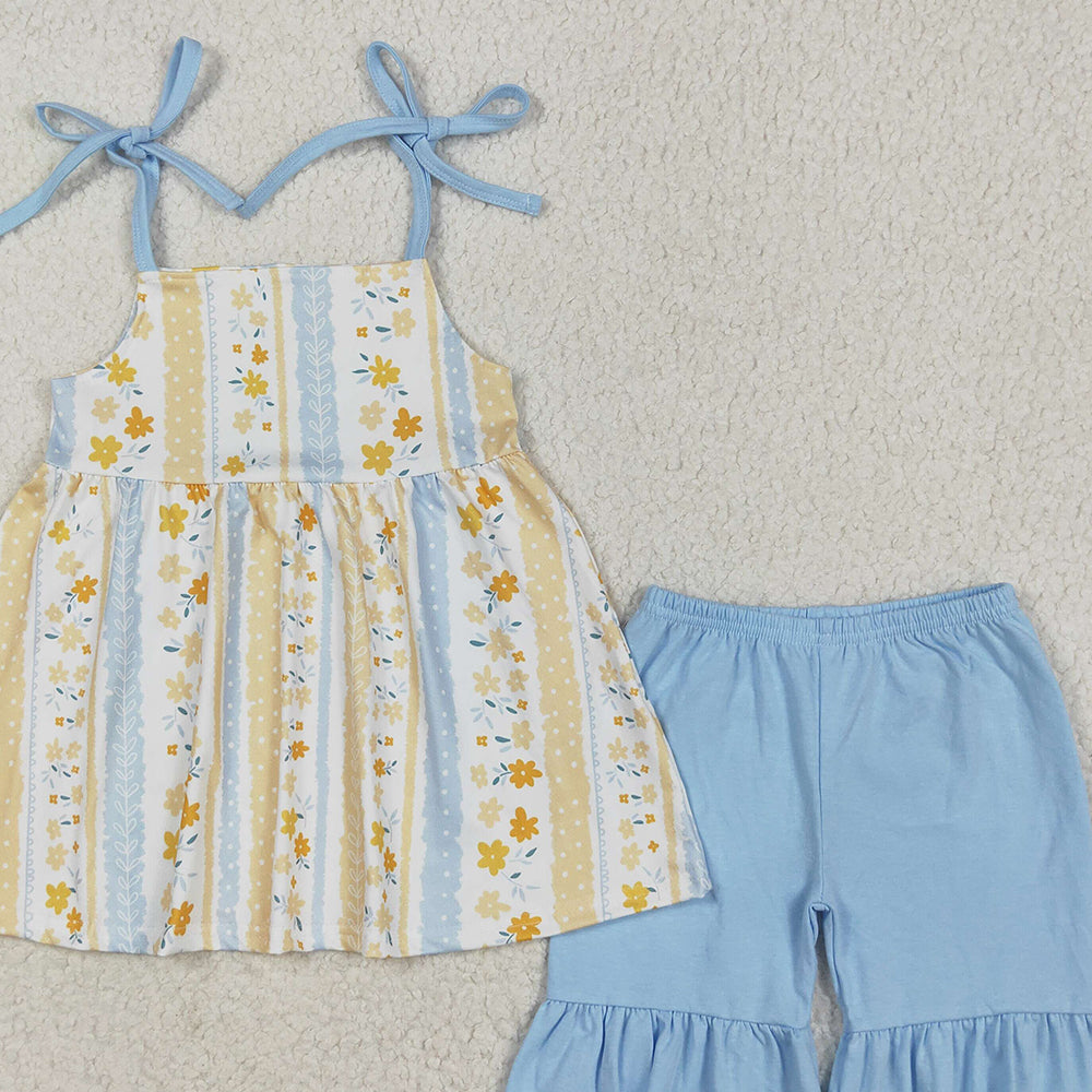 7.15  GSSO2302RTS NO MOQ Baby Girls Summer Outfits Baby Girls Light Blue Strap Floral Stripe Tunic Ruffle Short Set