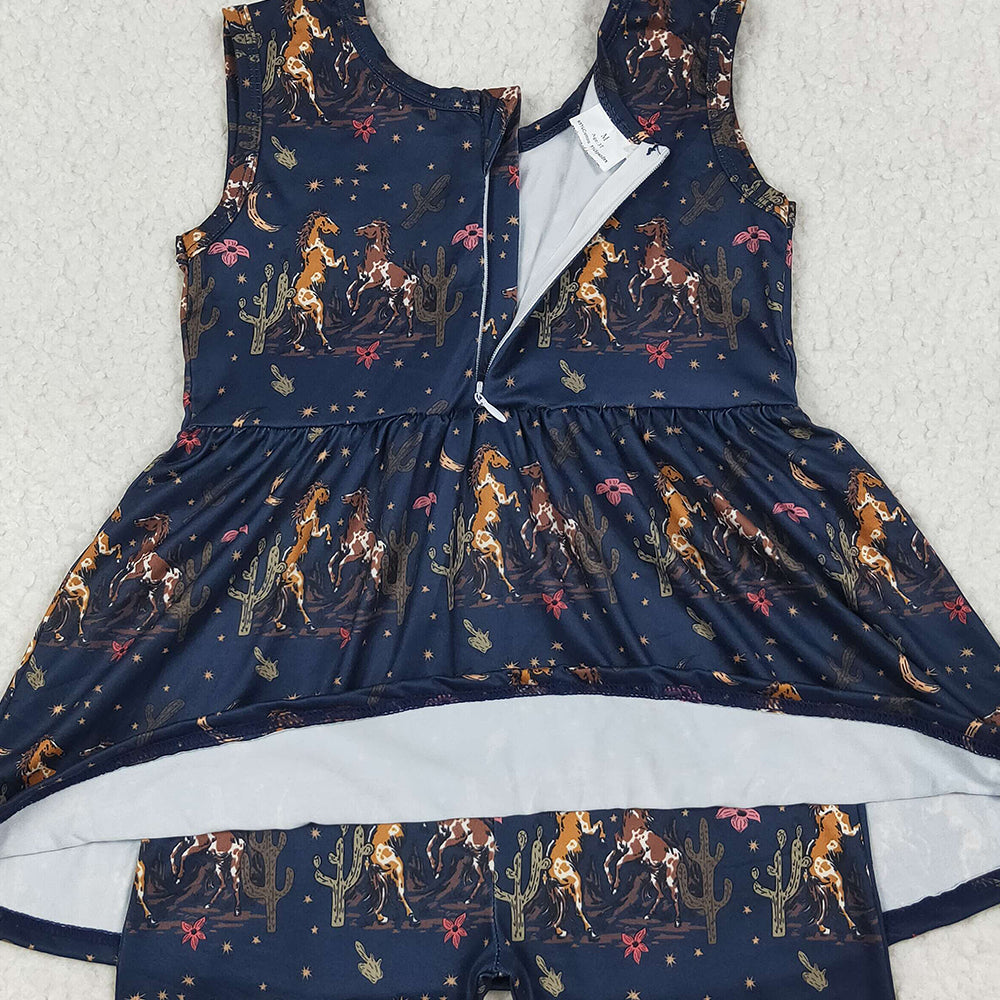 RTS NO MOQ （In stock）SR3071 Baby Girls Summer Jumpsuits Baby Girls Navy Sleeveless Horses Cactus Skort Jumpsuits