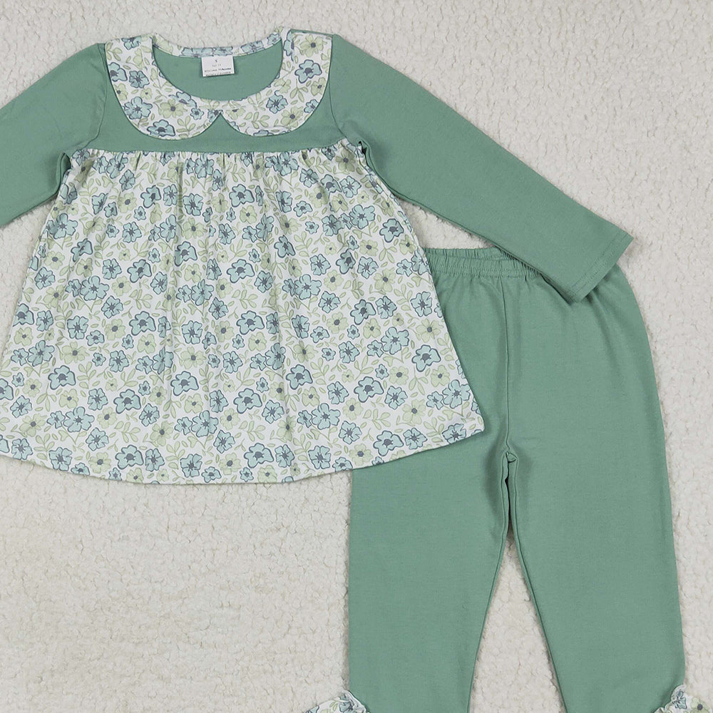 RTS NO MOQ （In stock） GLP2407 Baby Girls Winter Outfits Baby Girls Green Long Sleeves Floral Tunic Ruffle Pants Clothes Sets