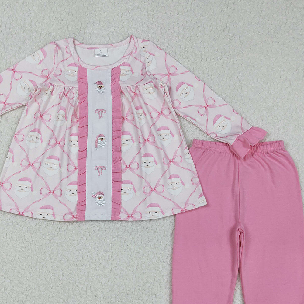 RTS NO MOQ （In stock）GLP2364 Baby Girls Winter Outfits Girls Pink Bow Santa Tunic Romper with Ruffle Pants for Christmas Holiday Outfits