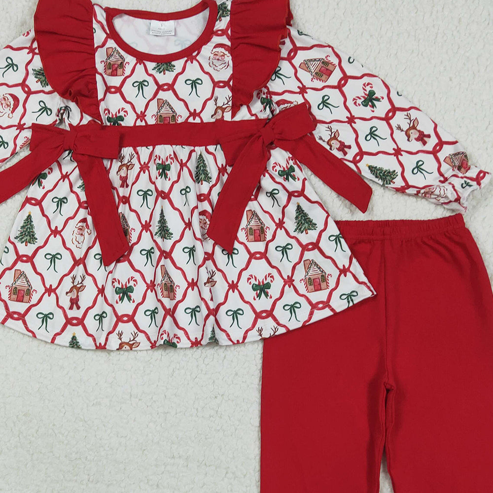 RTS NO MOQ （In stock）GLP2525 Baby Girls Winter Outfits Baby Girls Christmas Trees Bows Tunic Ruffle Pants Clothes Sets